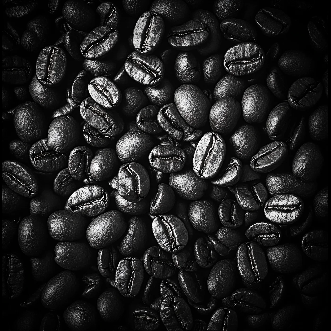 Grains de café vue du dessus en noir et blanc