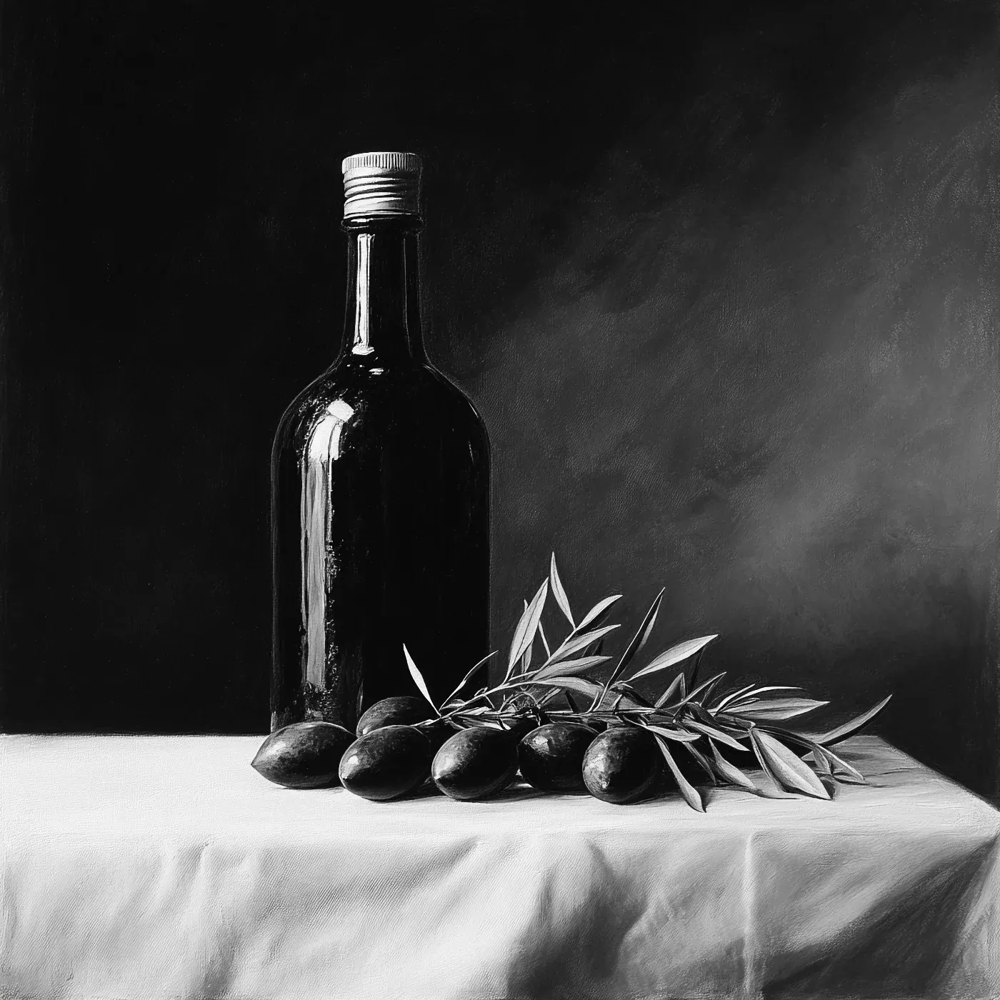 Bouteille d'huile d'olive posé sur une table en noir et blanc