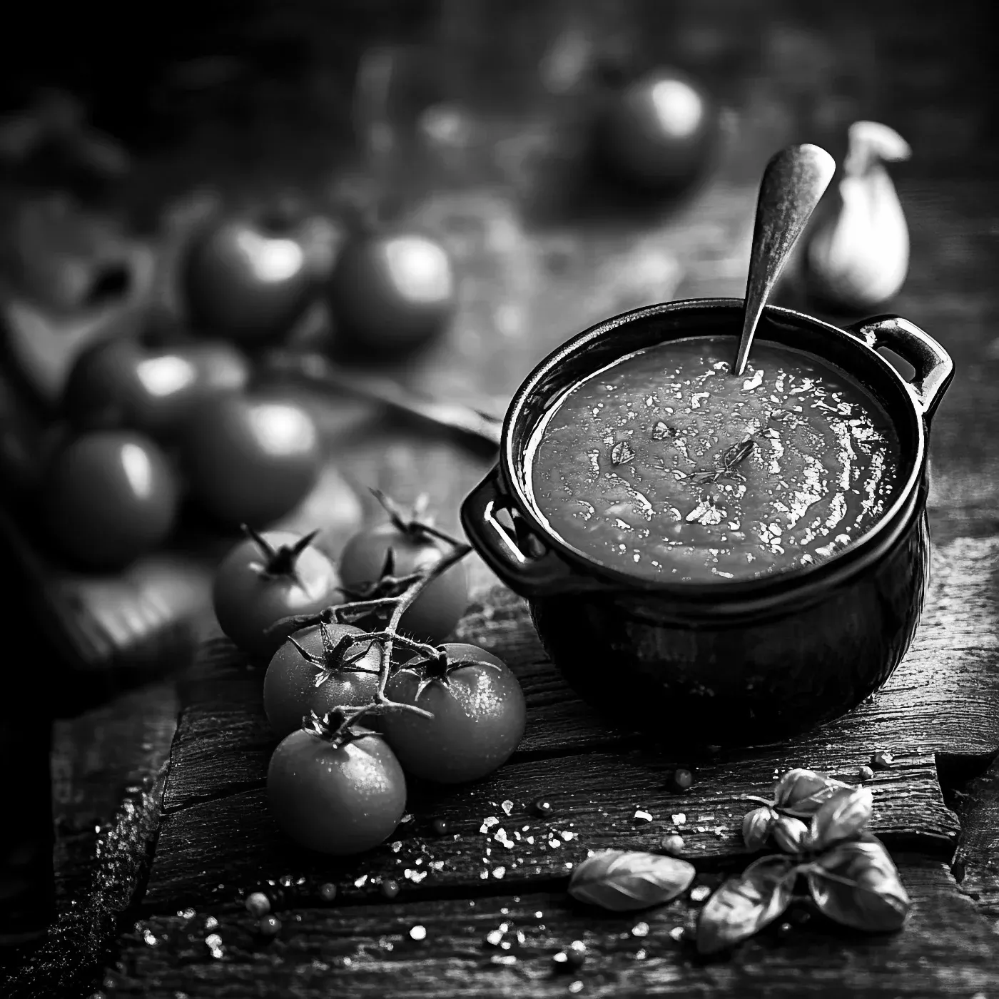 Pot de sauce tomate en noir et blanc