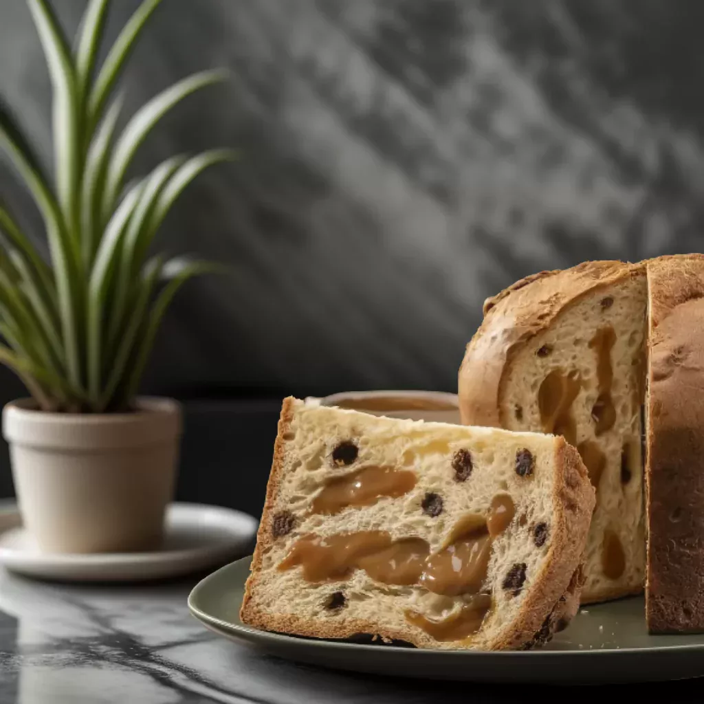 Panettone coupé en tranche dans une assiette
