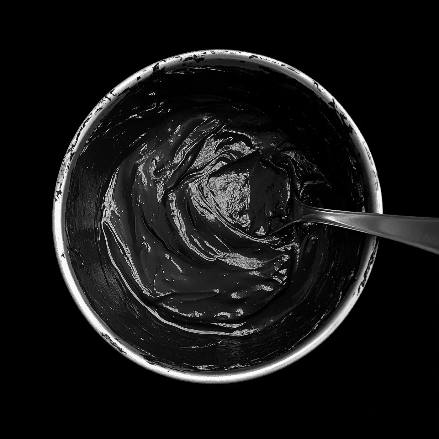 Un pot de pâte à tartiner vue du dessus en noir et blanc